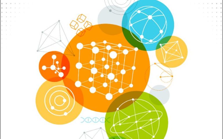 Cluster of bright orange, blue, green, and yellow with data point graphics.