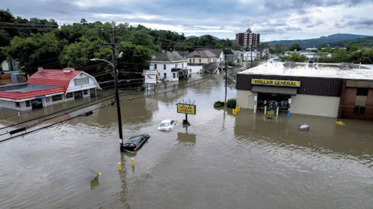 Aerial view color photo of flooded Vermont village