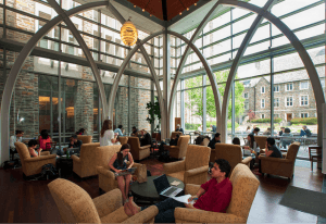 Scene from inside the Von Der Heyden Pavilion, Perkins Library, on Duke’s West Campus. 