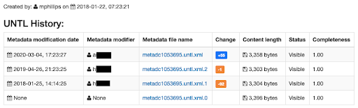 Example of history for an item record, showing timestamps and editors with change summaries and versions