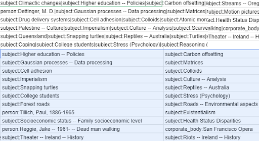 screenshot of taxonomy fields in spreadsheet