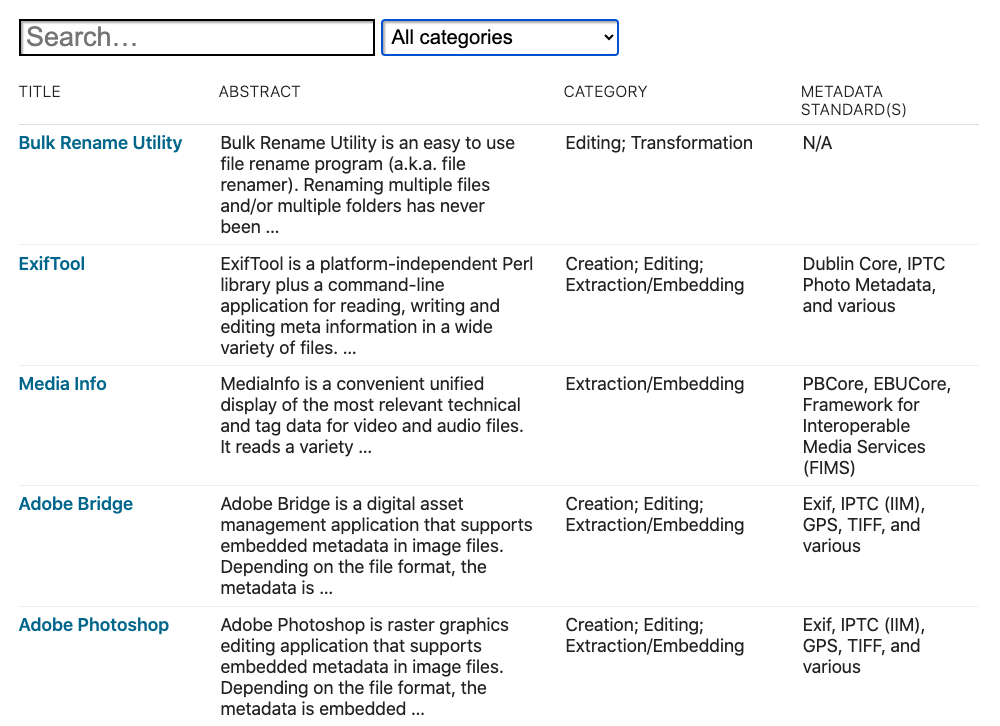 Screenshot of the tools repository showing a search box and a drop-down menu with categories, and underneath a grid listing tools and information about each tool. The columns include tool title, abstract, category, and metadata standard(s).