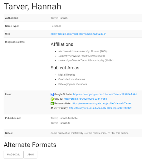 Image 3: Hannah Tarver’s local name authority record in the University of North Texas (UNT) Name App. 