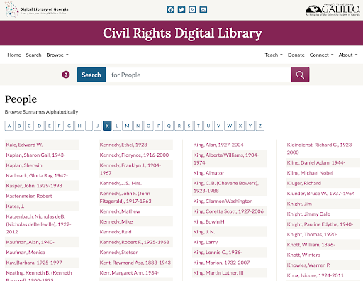 Image 4: Screen capture of the Civil Rights Digital Library portal search for “People” that displays a list of local and national name authority records for persons identified with the Civil Rights Movement from the 1950s to the 1970s in an alphabetical list.